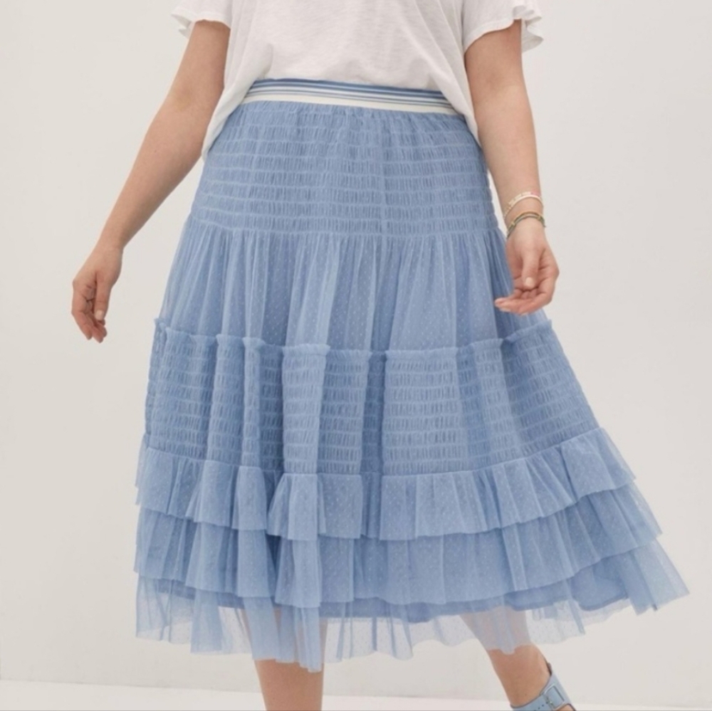 Maeve Antheopologie Cornflower Blue Tulle Tiered Midi Skirt sz XL